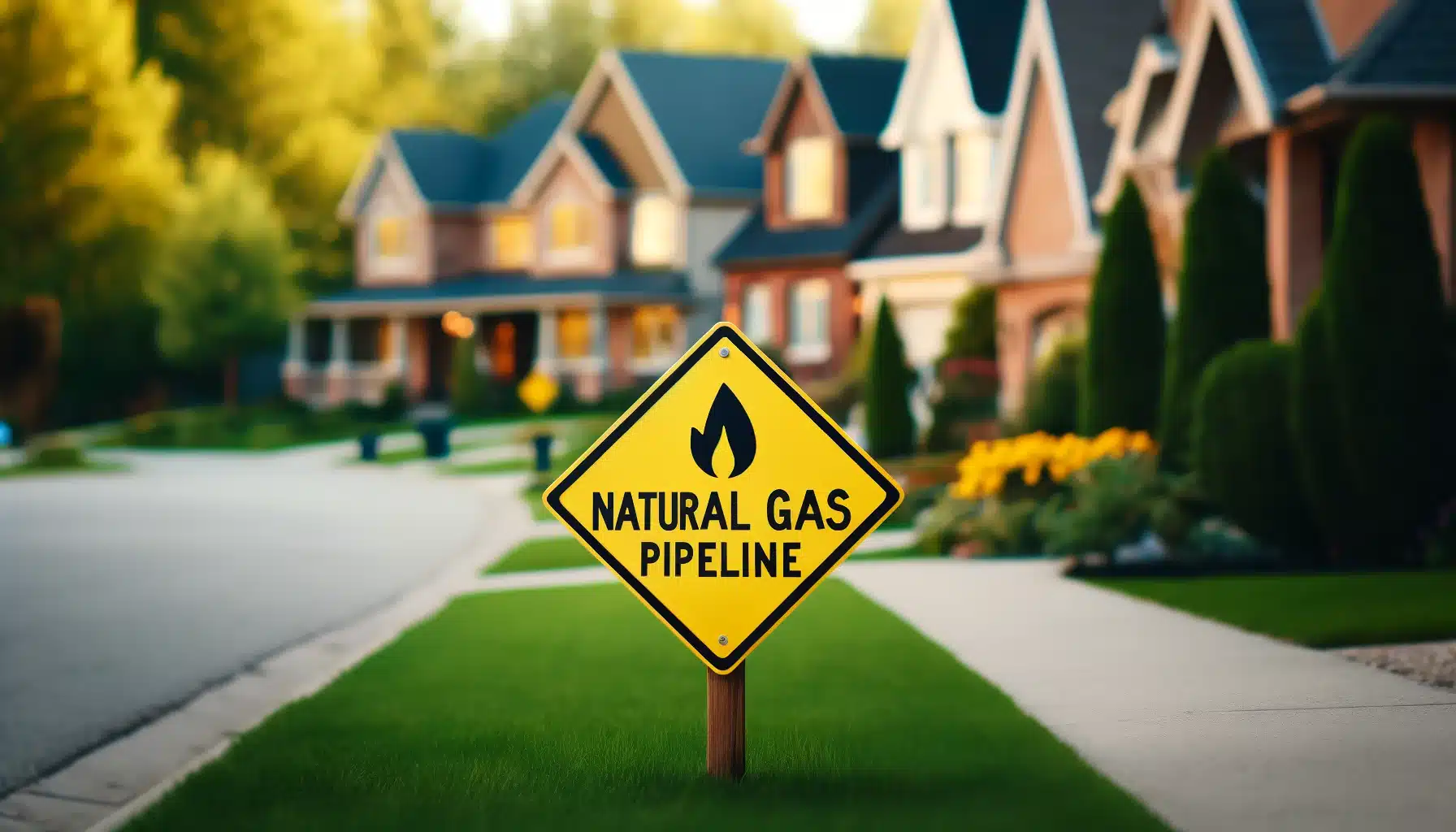 Natural Gas Pipeline Sign in front of residential infrastructure